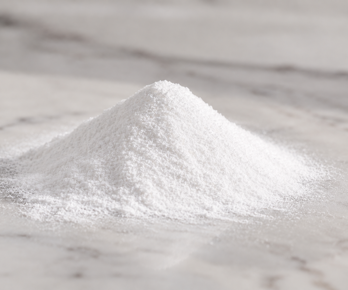 A pile of white creatine powder on a marble counter