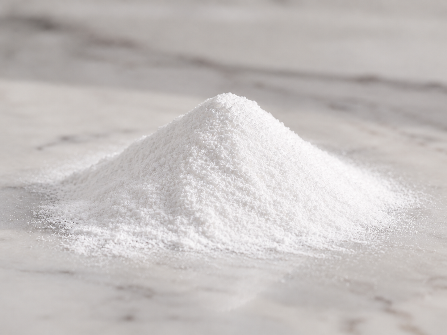 A pile of white creatine powder on a marble counter